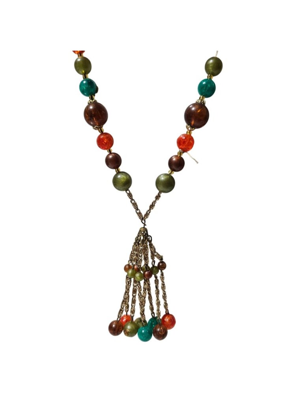 Vintage Beaded Tassel Necklace Gold Tone Orange Green Brown Boho Autumn Retro